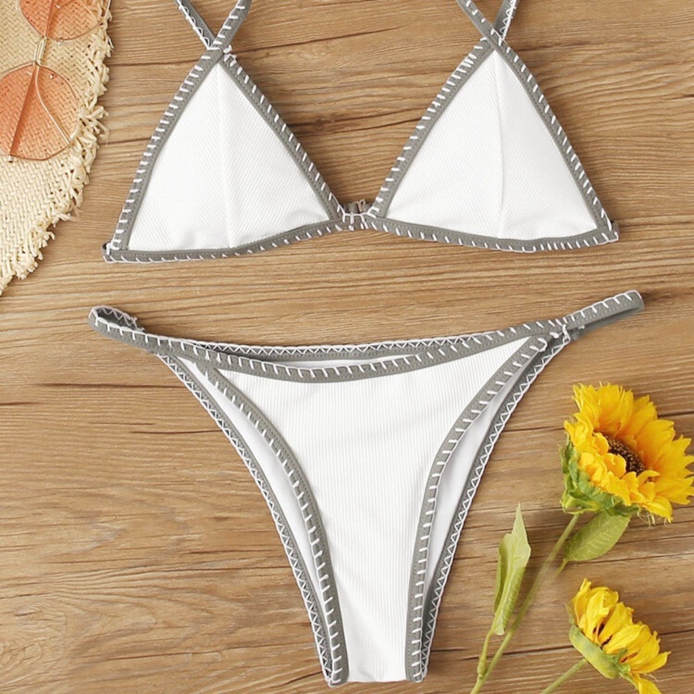 Rib Contrast Binding Triangle Thong Bikini